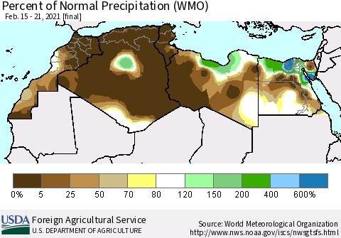 North Africa Percent of Normal Precipitation (WMO) Thematic Map For 2/15/2021 - 2/21/2021