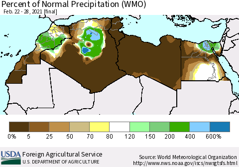 North Africa Percent of Normal Precipitation (WMO) Thematic Map For 2/22/2021 - 2/28/2021