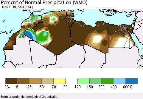 North Africa Percent of Normal Precipitation (WMO) Thematic Map For 3/4/2024 - 3/10/2024