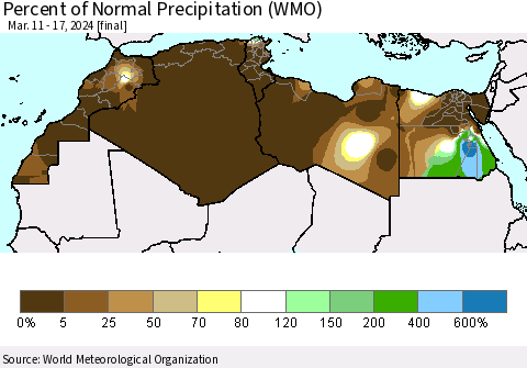 North Africa Percent of Normal Precipitation (WMO) Thematic Map For 3/11/2024 - 3/17/2024