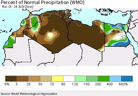 North Africa Percent of Normal Precipitation (WMO) Thematic Map For 3/18/2024 - 3/24/2024