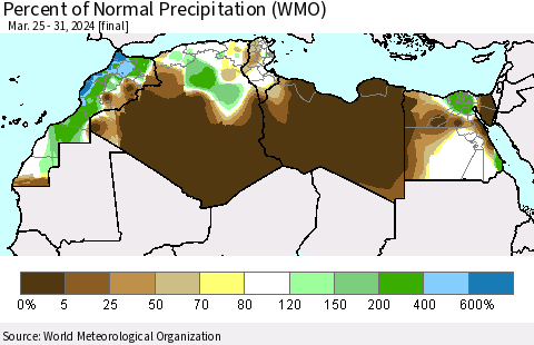 North Africa Percent of Normal Precipitation (WMO) Thematic Map For 3/25/2024 - 3/31/2024