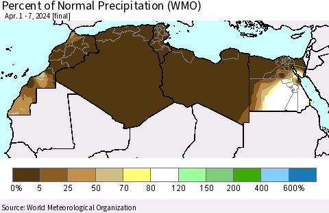 North Africa Percent of Normal Precipitation (WMO) Thematic Map For 4/1/2024 - 4/7/2024