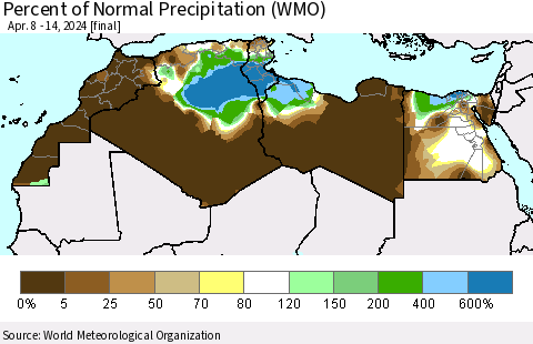 North Africa Percent of Normal Precipitation (WMO) Thematic Map For 4/8/2024 - 4/14/2024