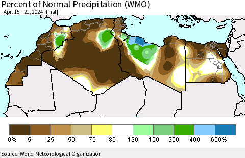 North Africa Percent of Normal Precipitation (WMO) Thematic Map For 4/15/2024 - 4/21/2024