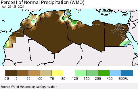 North Africa Percent of Normal Precipitation (WMO) Thematic Map For 4/22/2024 - 4/28/2024
