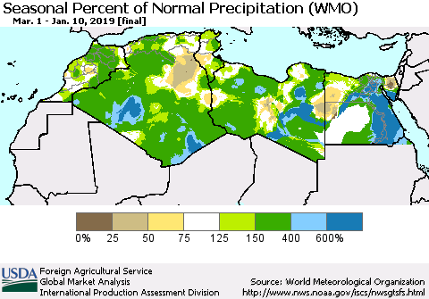North Africa Seasonal Percent of Normal Precipitation (WMO) Thematic Map For 3/1/2018 - 1/10/2019