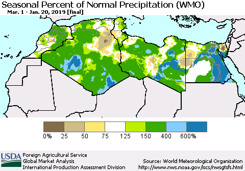 North Africa Seasonal Percent of Normal Precipitation (WMO) Thematic Map For 3/1/2018 - 1/20/2019