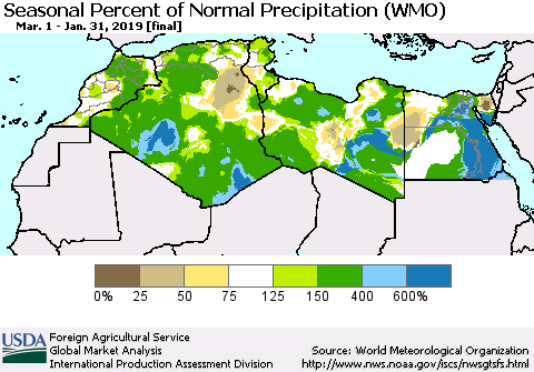 North Africa Seasonal Percent of Normal Precipitation (WMO) Thematic Map For 3/1/2018 - 1/31/2019