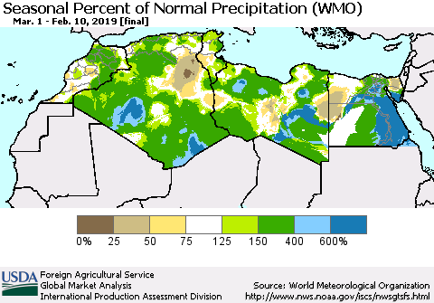 North Africa Seasonal Percent of Normal Precipitation (WMO) Thematic Map For 3/1/2018 - 2/10/2019