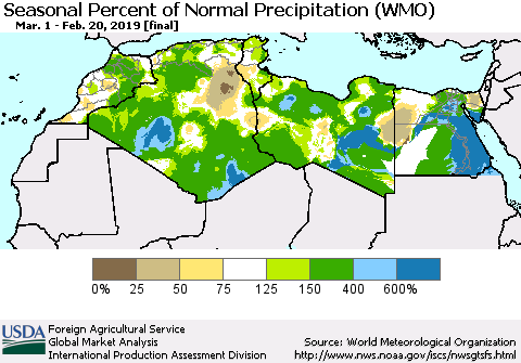North Africa Seasonal Percent of Normal Precipitation (WMO) Thematic Map For 3/1/2018 - 2/20/2019