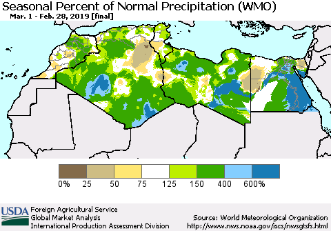 North Africa Seasonal Percent of Normal Precipitation (WMO) Thematic Map For 3/1/2018 - 2/28/2019