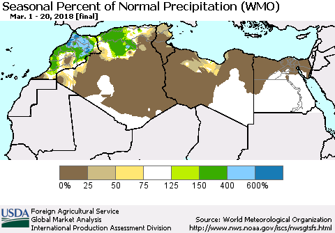 North Africa Seasonal Percent of Normal Precipitation (WMO) Thematic Map For 3/1/2018 - 3/20/2018