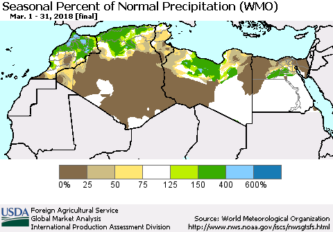 North Africa Seasonal Percent of Normal Precipitation (WMO) Thematic Map For 3/1/2018 - 3/31/2018