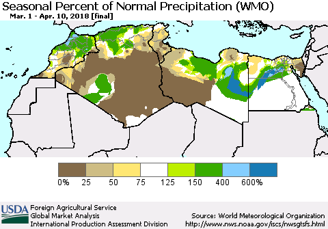 North Africa Seasonal Percent of Normal Precipitation (WMO) Thematic Map For 3/1/2018 - 4/10/2018