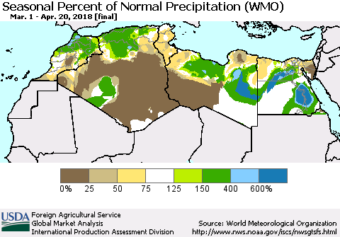 North Africa Seasonal Percent of Normal Precipitation (WMO) Thematic Map For 3/1/2018 - 4/20/2018