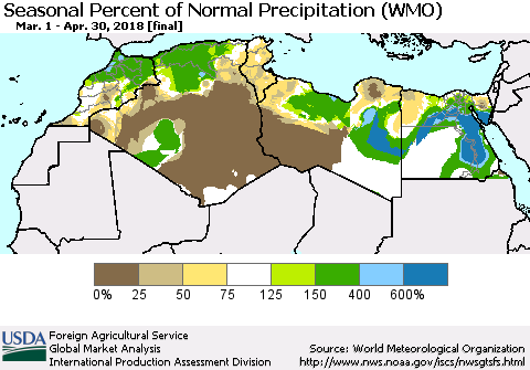 North Africa Seasonal Percent of Normal Precipitation (WMO) Thematic Map For 3/1/2018 - 4/30/2018
