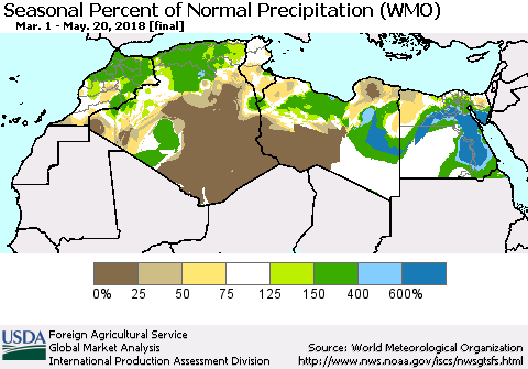North Africa Seasonal Percent of Normal Precipitation (WMO) Thematic Map For 3/1/2018 - 5/20/2018