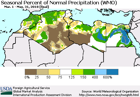 North Africa Seasonal Percent of Normal Precipitation (WMO) Thematic Map For 3/1/2018 - 5/31/2018