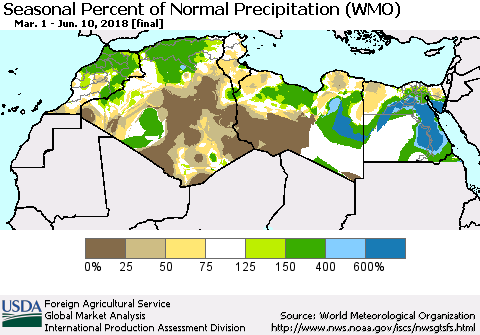 North Africa Seasonal Percent of Normal Precipitation (WMO) Thematic Map For 3/1/2018 - 6/10/2018