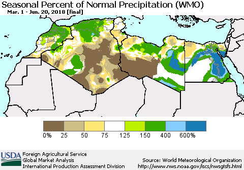 North Africa Seasonal Percent of Normal Precipitation (WMO) Thematic Map For 3/1/2018 - 6/20/2018