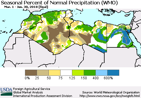 North Africa Seasonal Percent of Normal Precipitation (WMO) Thematic Map For 3/1/2018 - 6/30/2018