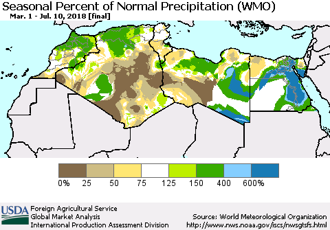 North Africa Seasonal Percent of Normal Precipitation (WMO) Thematic Map For 3/1/2018 - 7/10/2018