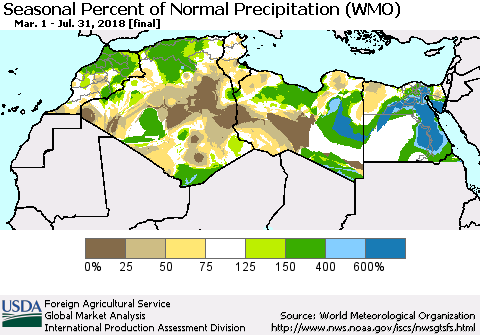 North Africa Seasonal Percent of Normal Precipitation (WMO) Thematic Map For 3/1/2018 - 7/31/2018