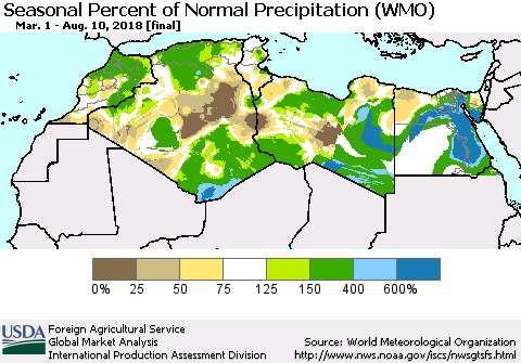 North Africa Seasonal Percent of Normal Precipitation (WMO) Thematic Map For 3/1/2018 - 8/10/2018