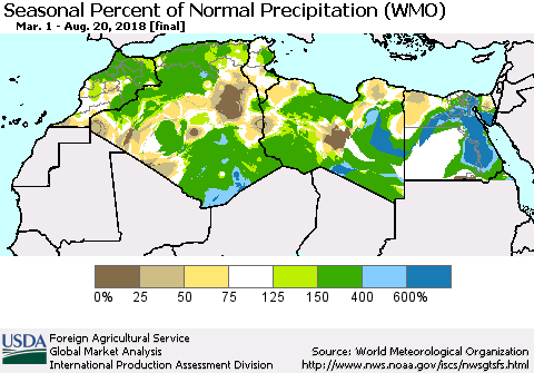 North Africa Seasonal Percent of Normal Precipitation (WMO) Thematic Map For 3/1/2018 - 8/20/2018