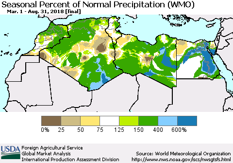 North Africa Seasonal Percent of Normal Precipitation (WMO) Thematic Map For 3/1/2018 - 8/31/2018
