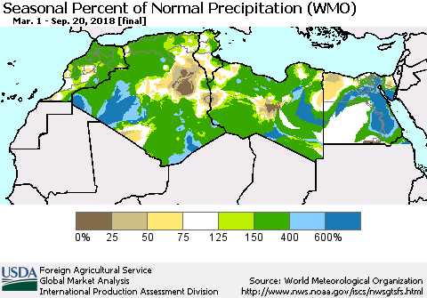 North Africa Seasonal Percent of Normal Precipitation (WMO) Thematic Map For 3/1/2018 - 9/20/2018