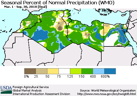 North Africa Seasonal Percent of Normal Precipitation (WMO) Thematic Map For 3/1/2018 - 9/30/2018