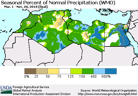 North Africa Seasonal Percent of Normal Precipitation (WMO) Thematic Map For 3/1/2018 - 11/20/2018