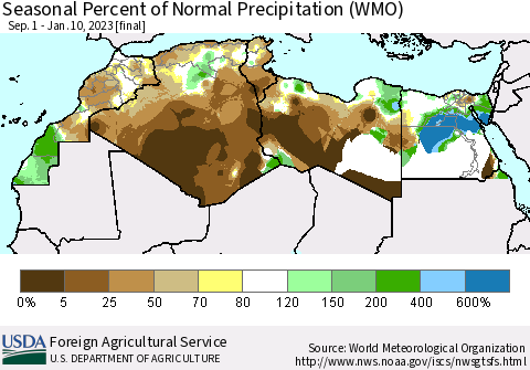North Africa Seasonal Percent of Normal Precipitation (WMO) Thematic Map For 9/1/2022 - 1/10/2023