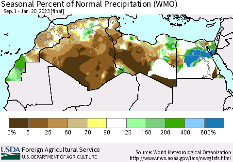North Africa Seasonal Percent of Normal Precipitation (WMO) Thematic Map For 9/1/2022 - 1/20/2023