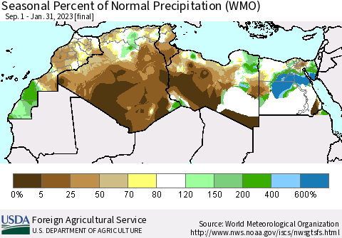 North Africa Seasonal Percent of Normal Precipitation (WMO) Thematic Map For 9/1/2022 - 1/31/2023