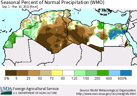 North Africa Seasonal Percent of Normal Precipitation (WMO) Thematic Map For 9/1/2022 - 3/10/2023