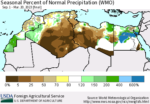 North Africa Seasonal Percent of Normal Precipitation (WMO) Thematic Map For 9/1/2022 - 3/20/2023