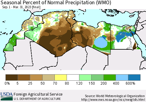 North Africa Seasonal Percent of Normal Precipitation (WMO) Thematic Map For 9/1/2022 - 3/31/2023