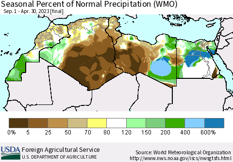 North Africa Seasonal Percent of Normal Precipitation (WMO) Thematic Map For 9/1/2022 - 4/30/2023