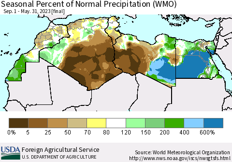 North Africa Seasonal Percent of Normal Precipitation (WMO) Thematic Map For 9/1/2022 - 5/31/2023