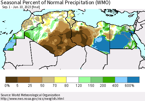 North Africa Seasonal Percent of Normal Precipitation (WMO) Thematic Map For 9/1/2022 - 6/10/2023
