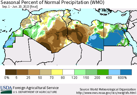North Africa Seasonal Percent of Normal Precipitation (WMO) Thematic Map For 9/1/2022 - 6/20/2023