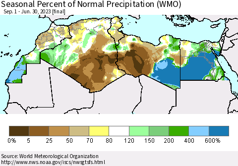 North Africa Seasonal Percent of Normal Precipitation (WMO) Thematic Map For 9/1/2022 - 6/30/2023