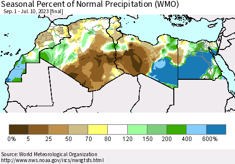 North Africa Seasonal Percent of Normal Precipitation (WMO) Thematic Map For 9/1/2022 - 7/10/2023