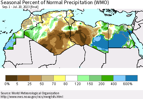 North Africa Seasonal Percent of Normal Precipitation (WMO) Thematic Map For 9/1/2022 - 7/20/2023