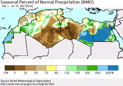 North Africa Seasonal Percent of Normal Precipitation (WMO) Thematic Map For 9/1/2022 - 7/31/2023