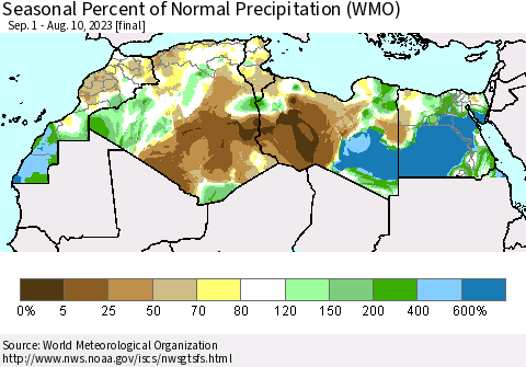 North Africa Seasonal Percent of Normal Precipitation (WMO) Thematic Map For 9/1/2022 - 8/10/2023