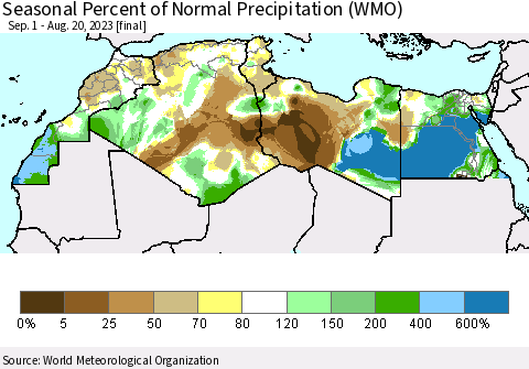 North Africa Seasonal Percent of Normal Precipitation (WMO) Thematic Map For 9/1/2022 - 8/20/2023